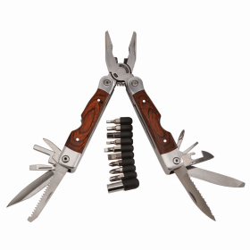 Wood Handle Stainless Steel Multi Tool with Bits 7"Open